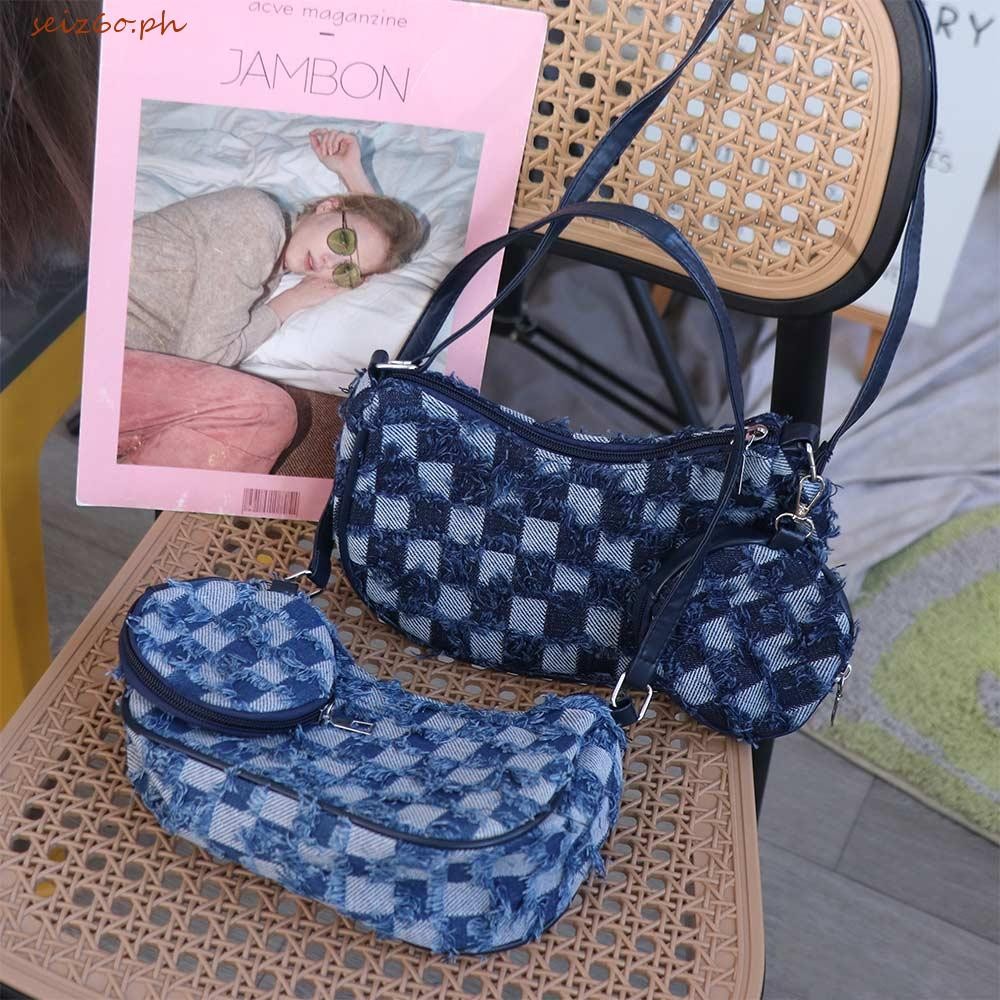 SEIZ6O Denim Underarm Bag, New Design Vintage Single Shoulder Bag, Fashion Y2k Tassels กระเป๋าถือผู้