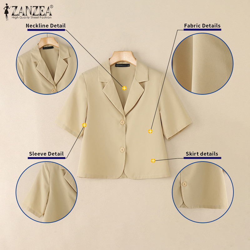 ZANZEA เสื้อเบลาส์แขนสั้น สไตล์เกาหลี แบบปกยืนสำหรับผู้หญิง เปิดด้านหน้า - รูปที่ 5