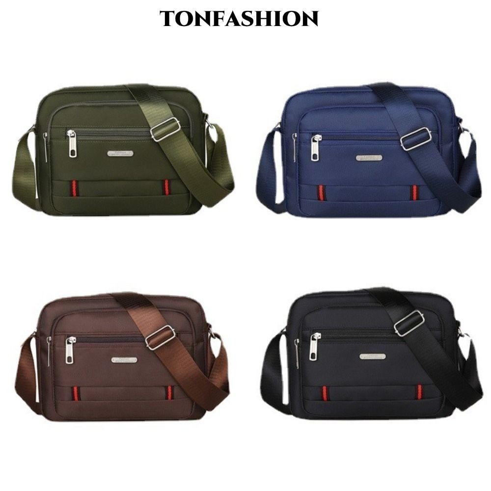 TONFASHION ผู้ชายกระเป๋าสะพายข้าง,4 ซิปกระเป๋าสะพายไนลอน,สีดําสีน้ําตาลสีฟ้าสีเขียวสี่เหลี่ยมผืนผ้าผ้า Boy Messenger กระเป๋าเดินทาง