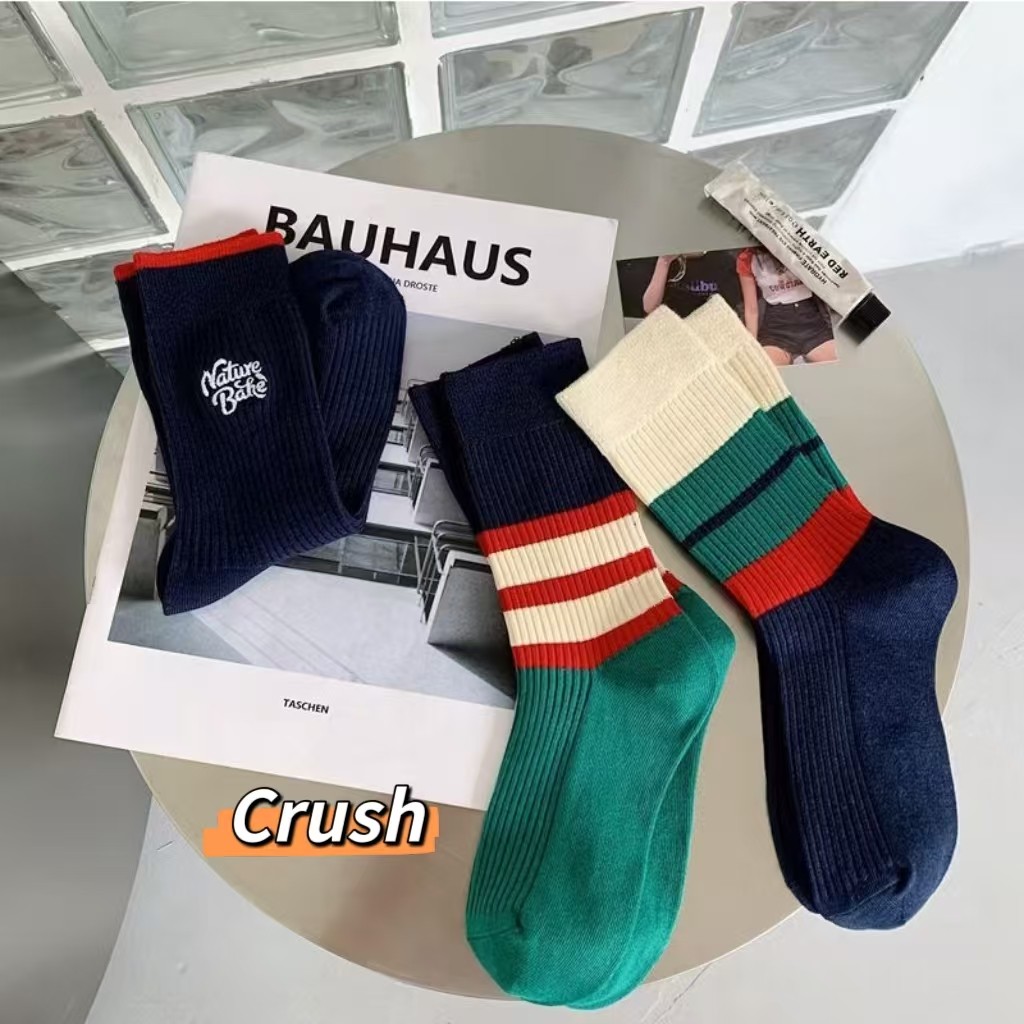 Crush💘 ถุงเท้าเหนือข้อเท้า แบบเรียบ&ลายทาง สีสันสดใส 🛒พร้อมส่งจากไทย (WZ-6)