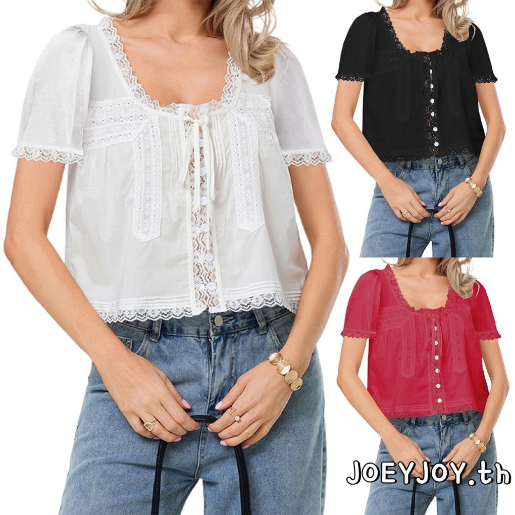 เสื้อยืดผู้หญิงแขนสั้น ลายพิมพ์ lace และ patchwork แบบ tie-up สไตล์หรูหรา เหมาะสำหรับฤดูร้อน