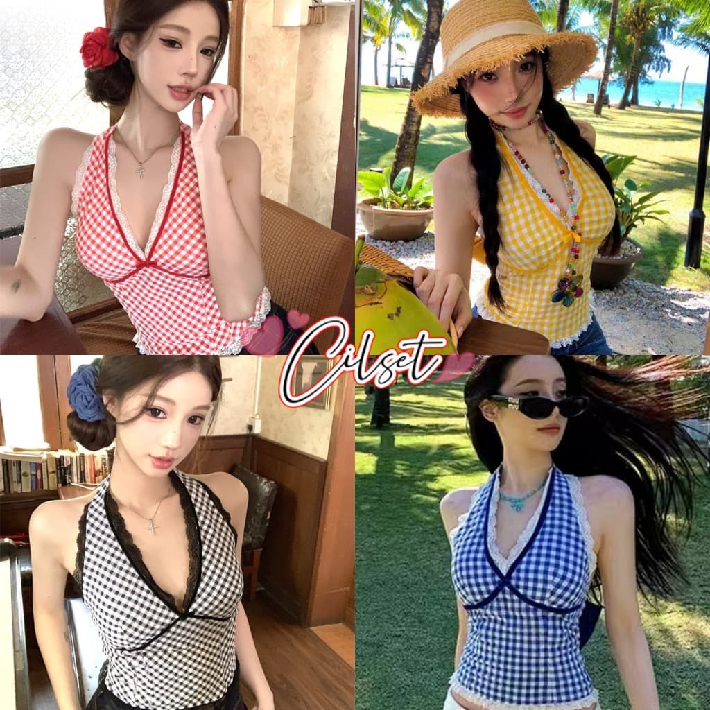 Cilset🛒พร้อมส่ง🎀 เสื้อคล้องคอผู้หญิง เสื้อกั๊กลายสก็อต แต่งโบว์ คอวี มีฟองน้ำ สีสดใส ลูกไม้ 6 สี สไตล์ซัมเมอร์ /FY853