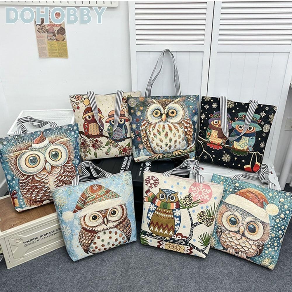 กระเป๋าสะพายข้างผ้าใบสำหรับผู้หญิง ขนาดใหญ่ พิมพ์ลายการ์ตูนนกฮูก พร้อมใช้งานได้หลายโอกาส