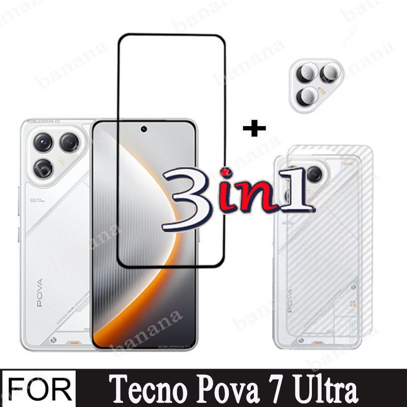 3 in 1 กระจกนิรภัยสําหรับ Tecno Pova 7 Ultra Screen Protector สําหรับ Tecno Pova 7 4G Pova 7 5G ด้านหน้ากระจกกลับฟิล์มกล้องเลนส์ Protector