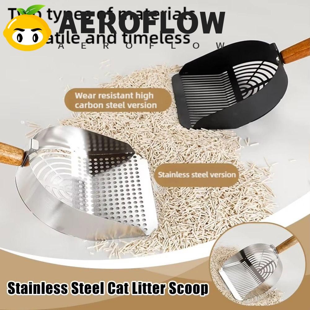 AEROFLOW ที่ตักทรายแมว, สแตนเลสด้ามไม้ยาวพลั่วขยะสัตว์เลี้ยง, ใช้งานได้จริงพร้อมรูแขวนที่ถอดออกได้พร้อมตะขอห้องน้ําขยะ Picker ในร่ม