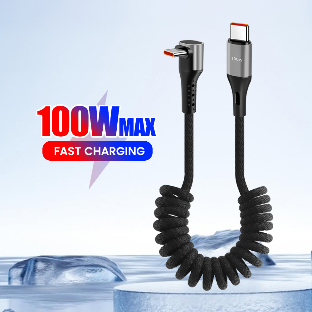 Twitch 100W Fast Charging สปริงข้อศอกประเภท C ถึงตรงประเภท C สาย 66W USB-A ถึง Type C สายชาร์จ 1M