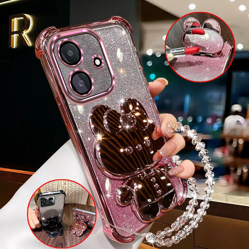ปลอกสําหรับ OPPO A3 A3X 4g A3 pro สี่มุม anti drop เคสโทรศัพท์กันกระแทก 3D กระต่ายผู้ถือกระจกแต่งหน้าวงเล็บฝาครอบใหม่สร้อยข้อมือ softcase