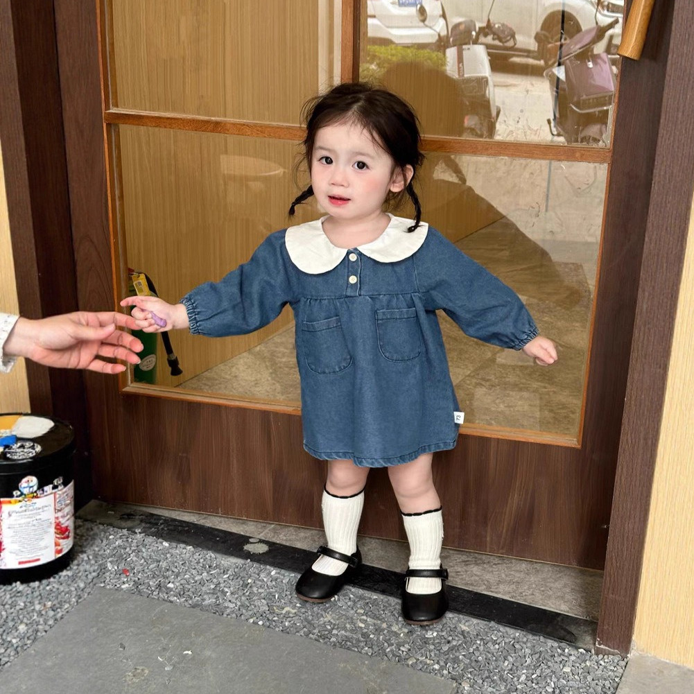 ชุดเดรสยีนส์ย้อนยุคสีฟ้าแขนยาว สไตล์สาวเกาหลี สำหรับเด็กอายุ 0-3 ปี