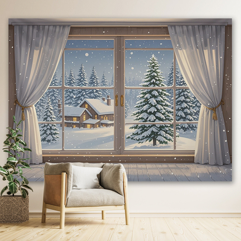 คริสต์มาสทิวทัศน์หิมะหน้าต่างพื้นหลังผ้าบรรยากาศวันหยุดแต่งตัวพรมห้องห้องนั่งเล่นผนังปกน่าเกลียดผ้าสดผ้าใบ - รูปที่ 4