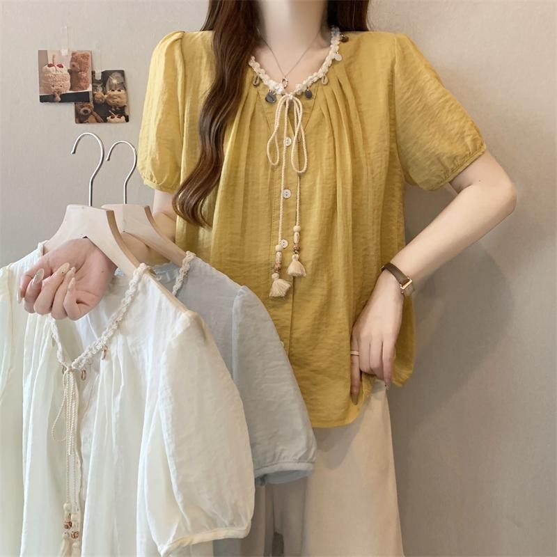 mimi&didi#เสื้อเชิ้ต เสื้อแขน ตุ๊กตา แขนพองสไตล์ฝรั่งเศสผูกคอวีแขนสั้นฤดูร้อน ไซส์ใหญ่สไตล์เรโทร น่ารักๆ ผู้หญิง#W640