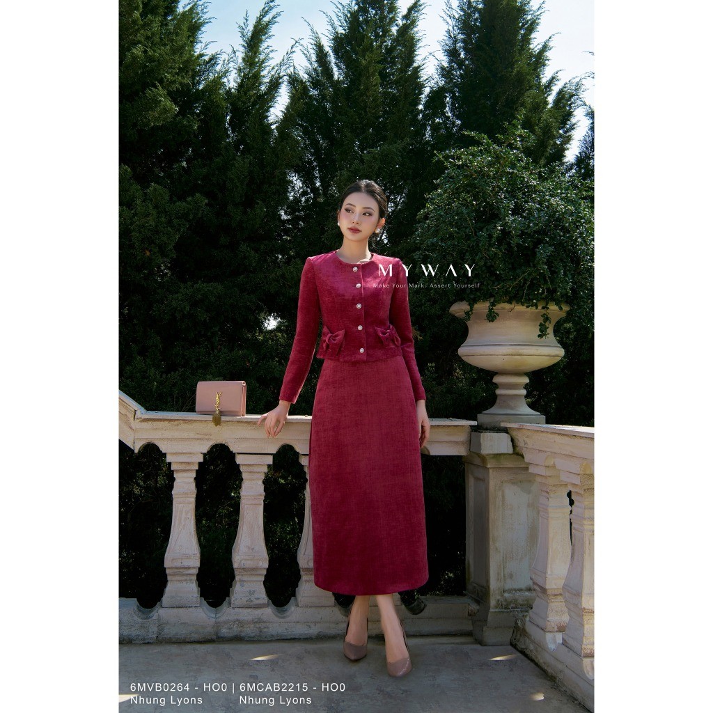 MY WAY ชุดเสื้อกั๊กและกระโปรงผู้หญิง A-Line กํามะหยี่ Lyons แขนยาวรอบคอ Elegant Bow 6MVB0264W - 6MCA