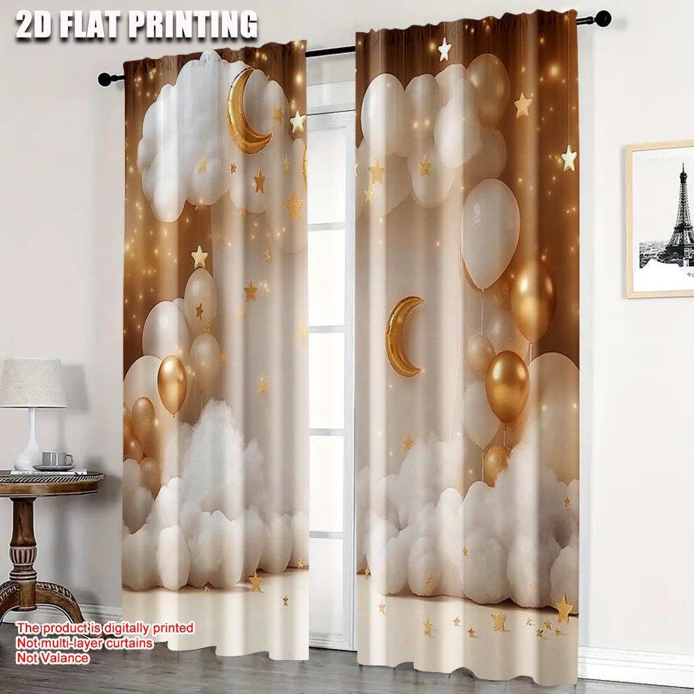 2 ชิ้น ผ้าม่าน Dreamy Clouds และ Golden Stars ซักเครื่องโพลีเอสเตอร์,ไม่มีไฟฟ้าตกแต่งงานปาร์ตี้ฤดูร้