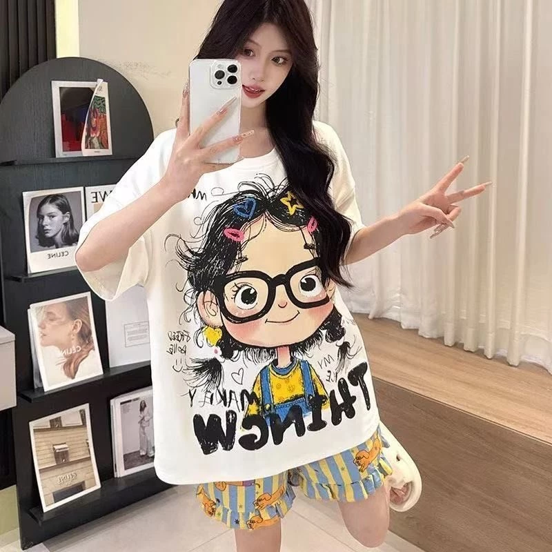 2ชิ้น ชุดนอน เสื้อแขนสั้น+กางเกงขาสั้น ลายการ์ตูน น่ารักๆ สไตล์เกาหลี สําหรับผู้หญิง พร้อมส่งจากไทย