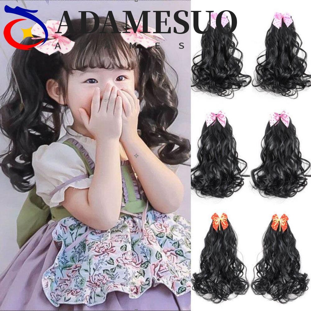 ADAMESUO วิกผมหางม้าลอนหยิกเด็ก 2 ชิ้น พร้อมโบว์ กิ๊บหนีบผมตกแต่งน่ารัก ของขวัญวันเกิด