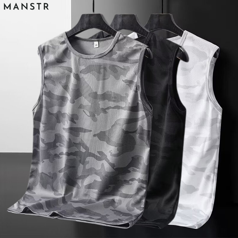 MANSTR M-5xl ผู้ชายฤดูร้อนตาข่ายพรางแห้งเร็วหลวมกีฬาเสื้อยืดแขนกุดผ้าไหมน้ําแข็งเย็นแขนสั้นสบายๆ Dri-Fit เสื้อกั๊กดอกไม้ขนาดบวก