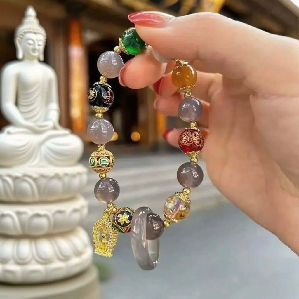 寺庙五路财神灰玛瑙平安香灰琉璃手链招财手串环小众Temple five-way god of wealth gray agate peace incense gray glass20250819