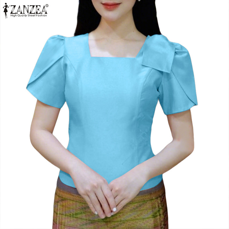 ZANZEA เสื้อเบลาส์ผ้าซาตินลายผีเสื้อดอกไม้แขนสั้น สไตล์หรูหราเกาหลีสำหรับผู้หญิง — صورة 4