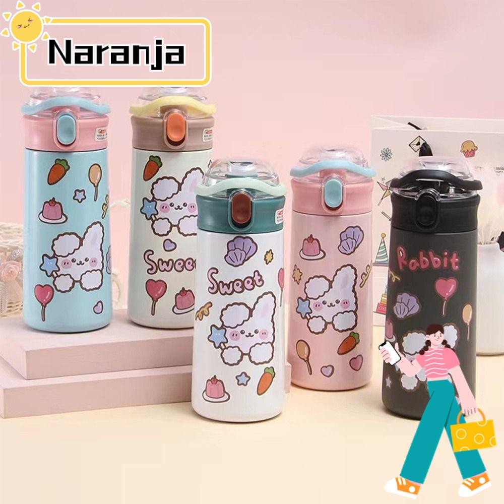 NARANJA กระติกน้ําสูญญากาศในรถยนต์, ฝาป๊อปอัพการ์ตูนสัตว์ขวดน้ําฉนวน, สแตนเลสที่นํากลับมาใช้ใหม่ได้ 500ML ความจุขนาดใหญ่พร้อมฟางกีฬา Wander ขวดเดินทางสํานักงานโรงเรียน
