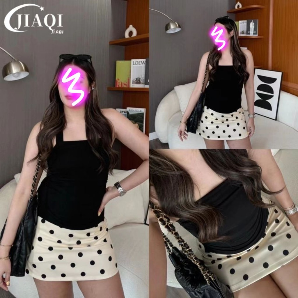 JIAQI ✅ กระโปรงสั้นลายจุดเอวสูง⭐มีซับใน  มีสีดำและสีขาว สวยมาก✨กระโปรงลายจุดทรงเอ❤ ทันสมัยและทำให้ดูผอม ขนาด S-3XL #2043 ราคา ถูกที่สุด ดีลบีเคเค แกลเลอรีภาพที่ 2