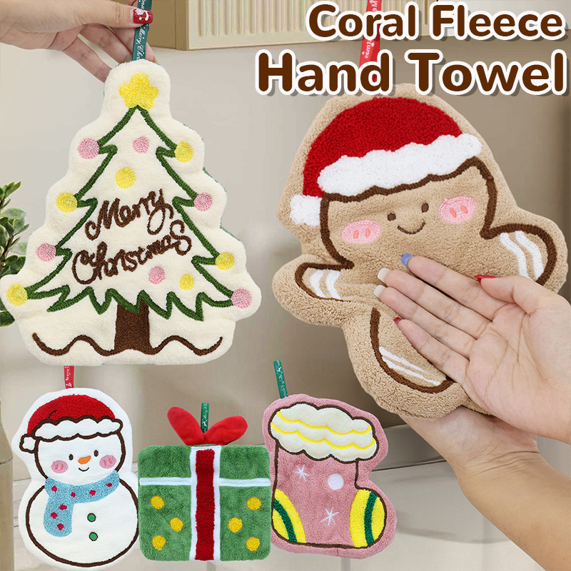 ผ้าเช็ดมือขนแกะปะการังพรีเมี่ยม5ชิ้น-5การออกแบบวันหยุดซุปเปอร์ดูดซับแห้งเร็ว,ต้นคริสต์มาส/ลายมนุษย์หิมะพร้อมห่วงแขวนสําหรับห้องครัว/ห้องน
