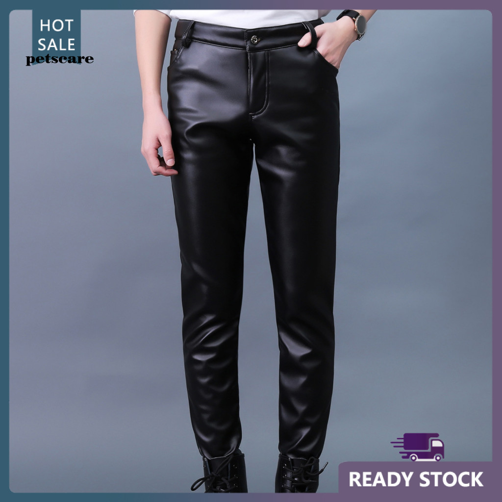 กางเกงผู้ชายแบบSlim fit fauxหนัง วัสดุfakeหนัง สไตล์Streetwear เหมาะสำหรับClubหรือคนขับมอเตอร์ไซค์