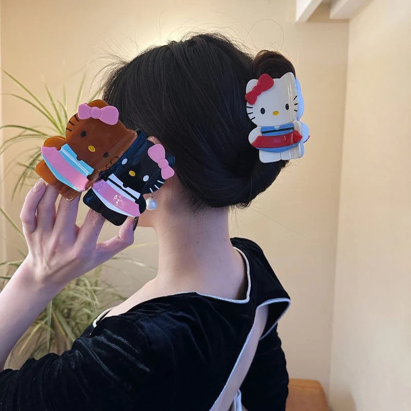 Sanrio Hello Kitty Kawaii Y2K อะนิเมะกิ๊บหนังสีดําการ์ตูนสาวน่ารักคลิปใหญ่ผม Bun Hairpin อุปกรณ์เสริมผมของขวัญ