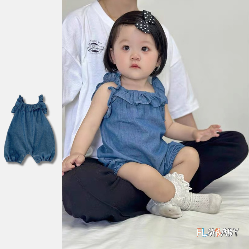 ทารกแรกเกิด ชุด สีทึบผ้ายีนส์สลิง ชุดรอมเปอร์ เด็กสาวนุ่มบอดี้สูทเสื้อผ้าเด็ก0-24เดือน
