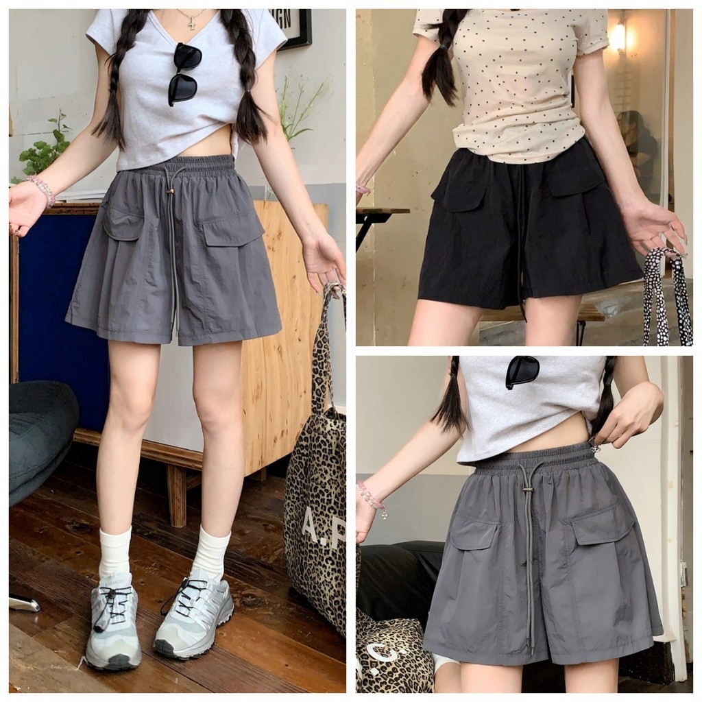Bella Shop ชุดเอี๊ยมสั้น กางเกงขาสั้นเชือกรูดสีทึบฤดูร้อนใหม่