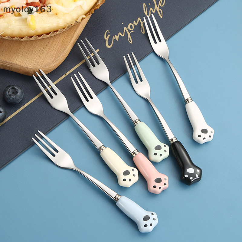 Myoloy น่ารักการ์ตูนแมว Paw ส้อมผลไม้อาหารเกรดสแตนเลสขอบกระจกขัดบนโต๊ะอาหารแบบพกพาส้อมสําหรับผู้ใหญ่เด็กโรงเรียน TH