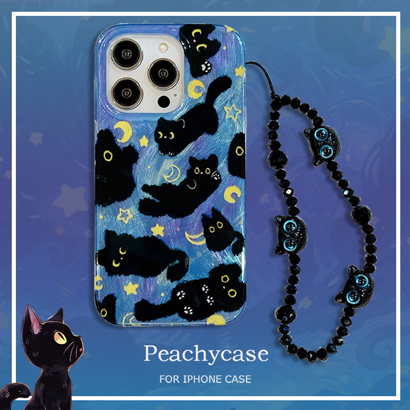 น่ารัก Starry Night Black Cat Feather เส้นด้ายเคสโทรศัพท์สําหรับ iPhone 15 14 13 12 Pro Max 15pro พร้อมโซ่มือถือ IMD ฝาหลังกันกระแทกปลอก