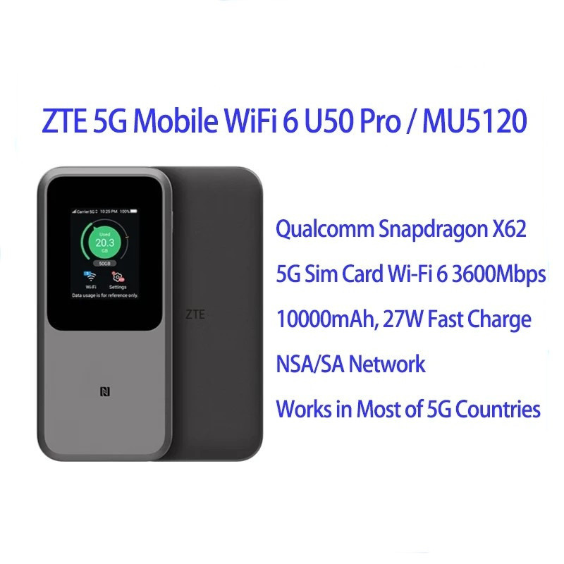 ZTE mu5120 5G WiFi ซิมการ์ดเราเตอร์ U50 pro 10000mAh 27W ชาร์จเร็ว WiFi 6 3600Mbps 5g