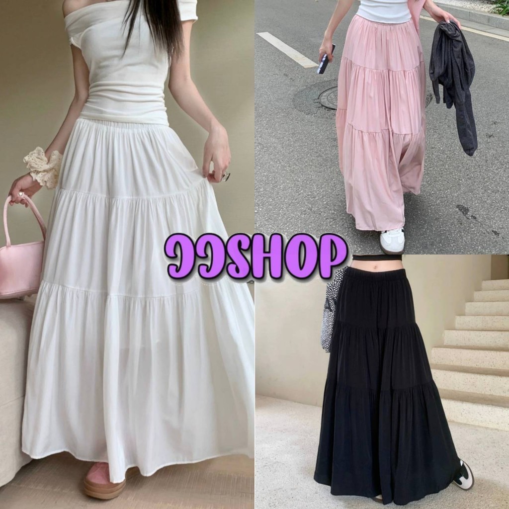 JJ Shop​ ​พร้อมส่ง กระโปรงขายาว เอวสม๊อค ทรงมินิมอลสีพื้น ใส่สบายสุดๆ ใส่สบาย "2024-H"