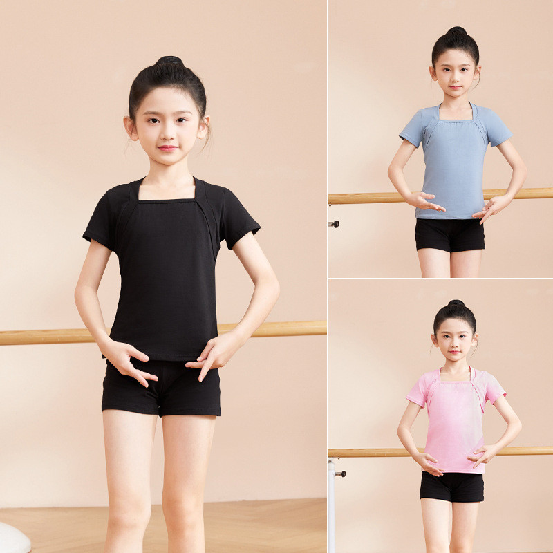 เสื้อผ้าเต้นรําสําหรับเด็กฤดูร้อนสาวแยกฝึกเสื้อผ้าแขนสั้นผ้าฝ้ายปกสี่เหลี่ยมด้านบน