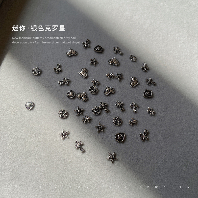 มินิขนาดเล็ก Crow Star ทําเล็บมือเพชรเครื่องประดับ Punk Dark สไตล์โลหะ Retro Silver Cross ผสมเพชรเครื่องประดับ