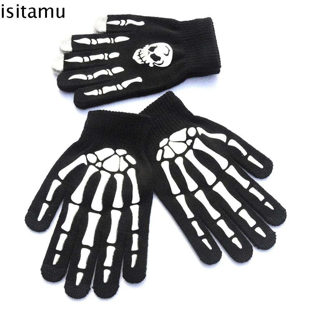 Isitaft ฮาโลวีน Luminous Mittens เครื่องแต่งกายถุงมือ Punk Cool Non Slip Keep Warm Skeleton มือกระดูกชายถุงมือครึ่งนิ้ว