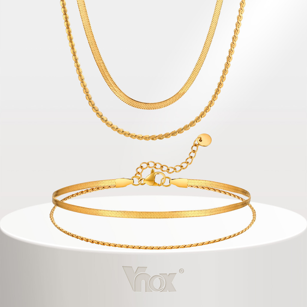 Vnox ใบมีด Double-Layer สร้อยข้อมือสร้อยคอ,18K Gold สแตนเลสซ้อน Multi Layer Link Chain ชุดเครื่องประดับของขวัญ