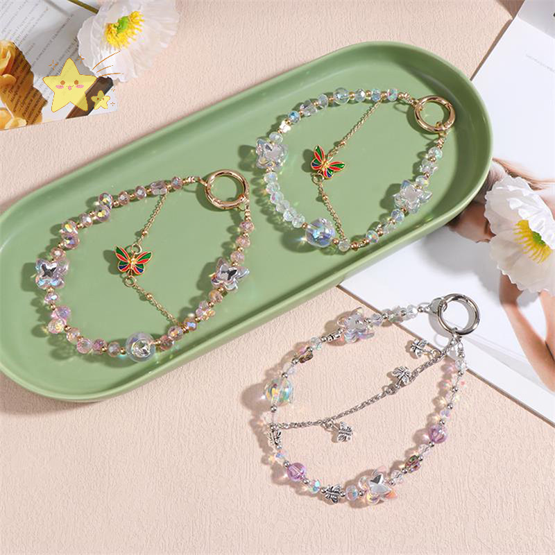 [JBTH] High-end Niche Double Chain คริสตัลผีเสื้อลูกปัดโทรศัพท์มือถือพวงกุญแจกระเป๋าจี้อเนกประสงค์หวานโทรศัพท์เครื่องประดับของขวัญ [JB]