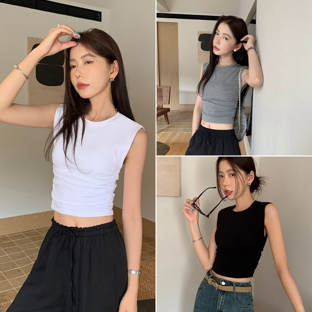 cherryshop พร้อมส่ง เสื้อยืดแขนกุดคอกลมสไตล์เกาหลีผู้หญิงแบบเรียบง่าย สไตล์สลิมฟิต ดีไซน์เอวจีบ มีสไตล์และเซ็กซี่