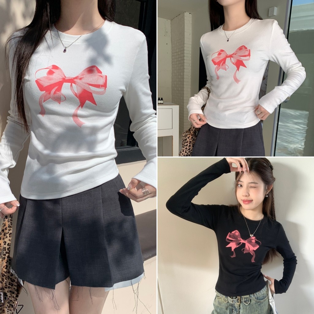 Hotgirl พร้อมส่ง เสื้อยืดแขนยาวผู้หญิง เสื้อยืดครอปสวยๆ ผ้ายืดรูปทรงสลิมฟิต พิมพ์ลายโบว์ ใส่กับชุดอะไรก็เข้าได้ แขนยาวแฟชั่น