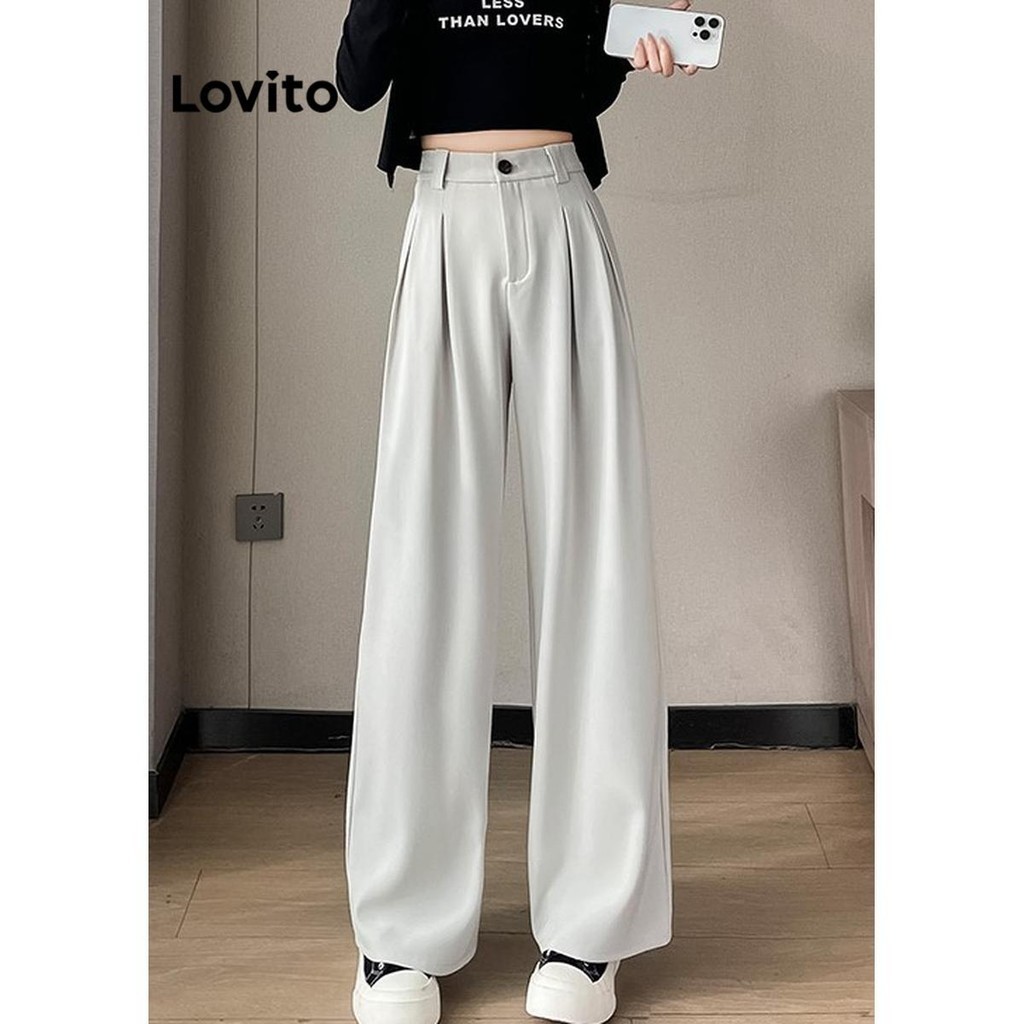 Lovito กางเกงปุ่มซิปกระเป๋าธรรมดาสำหรับผู้หญิง LNE51233