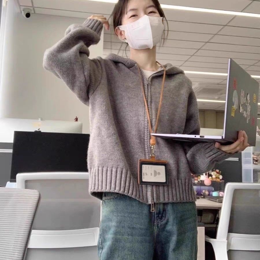 เสื้อสเวตเตอร์ถักคลุมด้วยผ้าสีเทาผู้หญิงสไตล์ใหม่ย้อนยุคหลวมถักคาร์ดิแกนซิปคู่ฤดูใบไม้ผลิฤดูใบไม้ร่วงฤดูหนาว