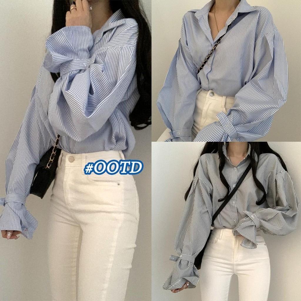 👚Anna👚เสื้อแฟชั่นผู้หญิง เสื้อผ้าสไตล์เกาหลี เสื้อสีตัด เสื้อเชิ้ตปกแขนบอลลูนลายบาง สวมใส่สบายและระบายอากาศได้ดี #W432