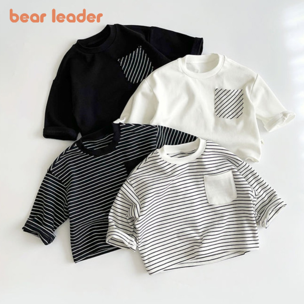 Bear Leader เสื้อยืดเด็กชายหลวมสไตล์เกาหลีฤดูใบไม้ผลิและฤดูใบไม้ร่วงเสื้อฐานแขนยาวลายด้านบน