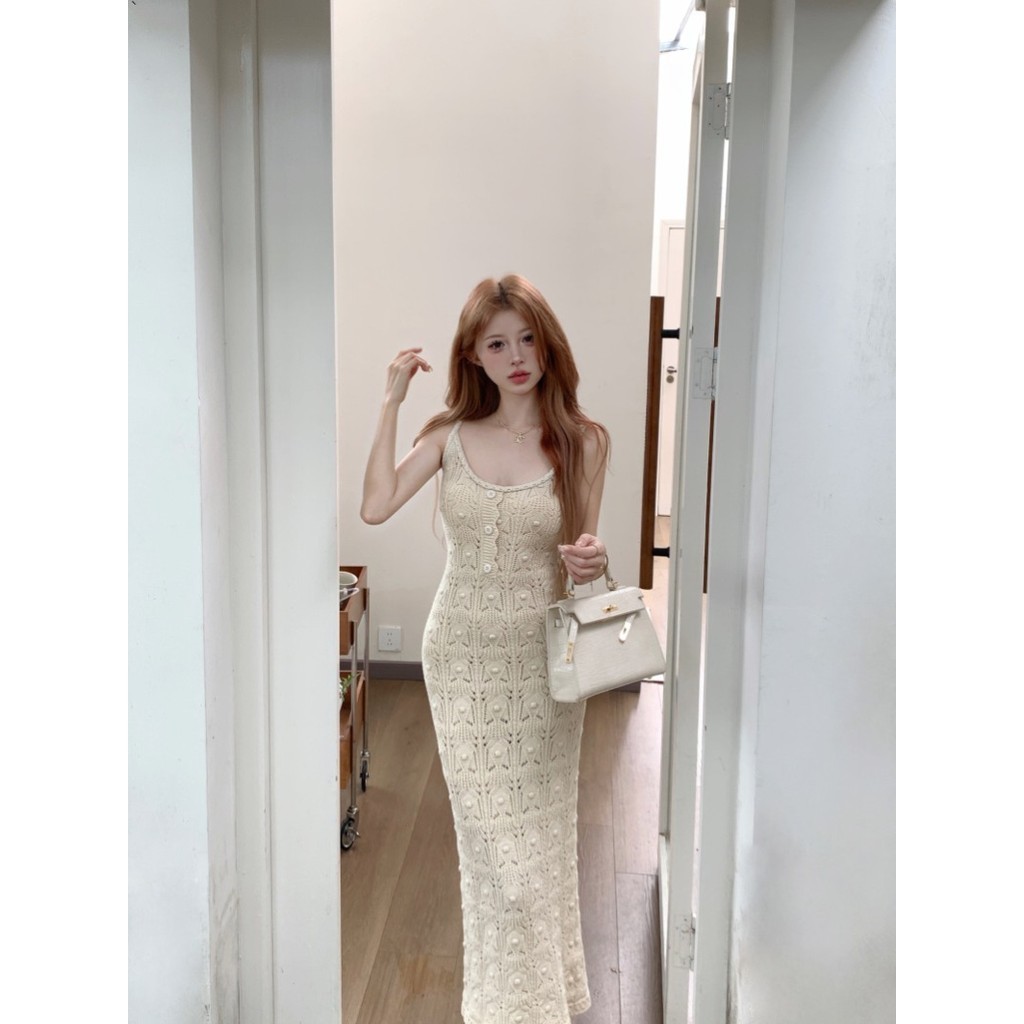 Liasynn Mermaid Sister Big U-คอถักชุดหญิงฤดูร้อนHigh-End SlimmerดูHeavy Industry Hollowแยกชุดยาววันเกิด