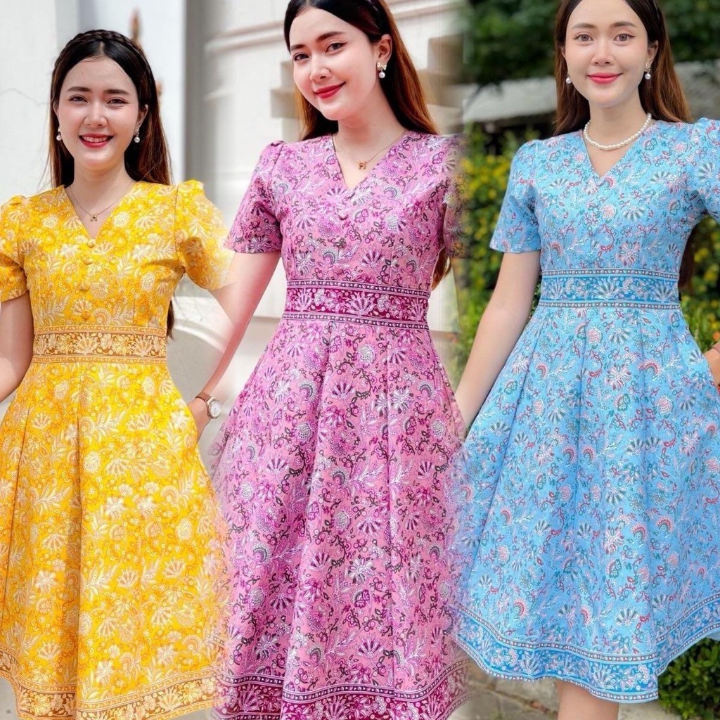 สุพรรณษาเดรสผ้าไทยผ้าปาเต๊ะลายสวย แต่งกระดุมปั๊ม กระโปรงทรงย้วยต่อ 8 ชิ้น อัดกาวทั้งชุด