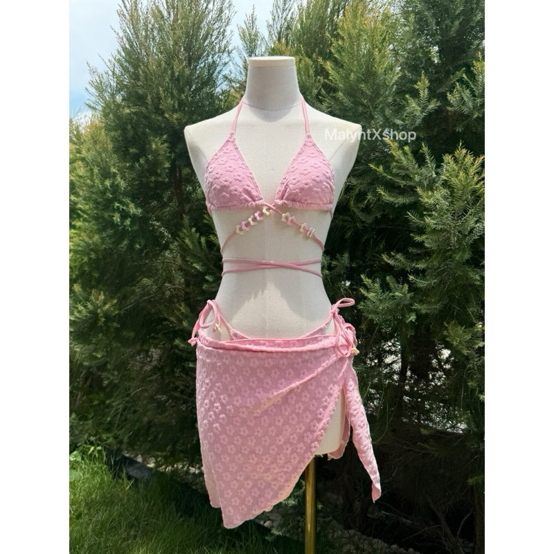 ส่งไวจากไทย🌸Blossom Bikini Set🌸บิกินี่ 3 ชิ้น 🎀 บิกินี่ กระโปรง 💗 ตกแต่งดอกไม้สายรัด - รูปที่ 2