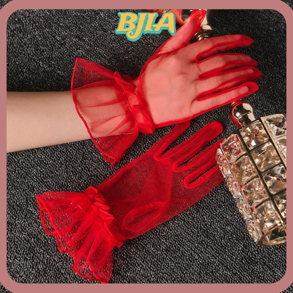 ถุงมือลูกไม้ผ้ากอซ บีเจเอ, ถุงมือทูลผู้หญิงสั้นโปร่งใส, ข้อมือเต็มนิ้วถุงมือตาข่ายแต่งงานเจ้าสาวบางพิเศษสุภาพสตรี