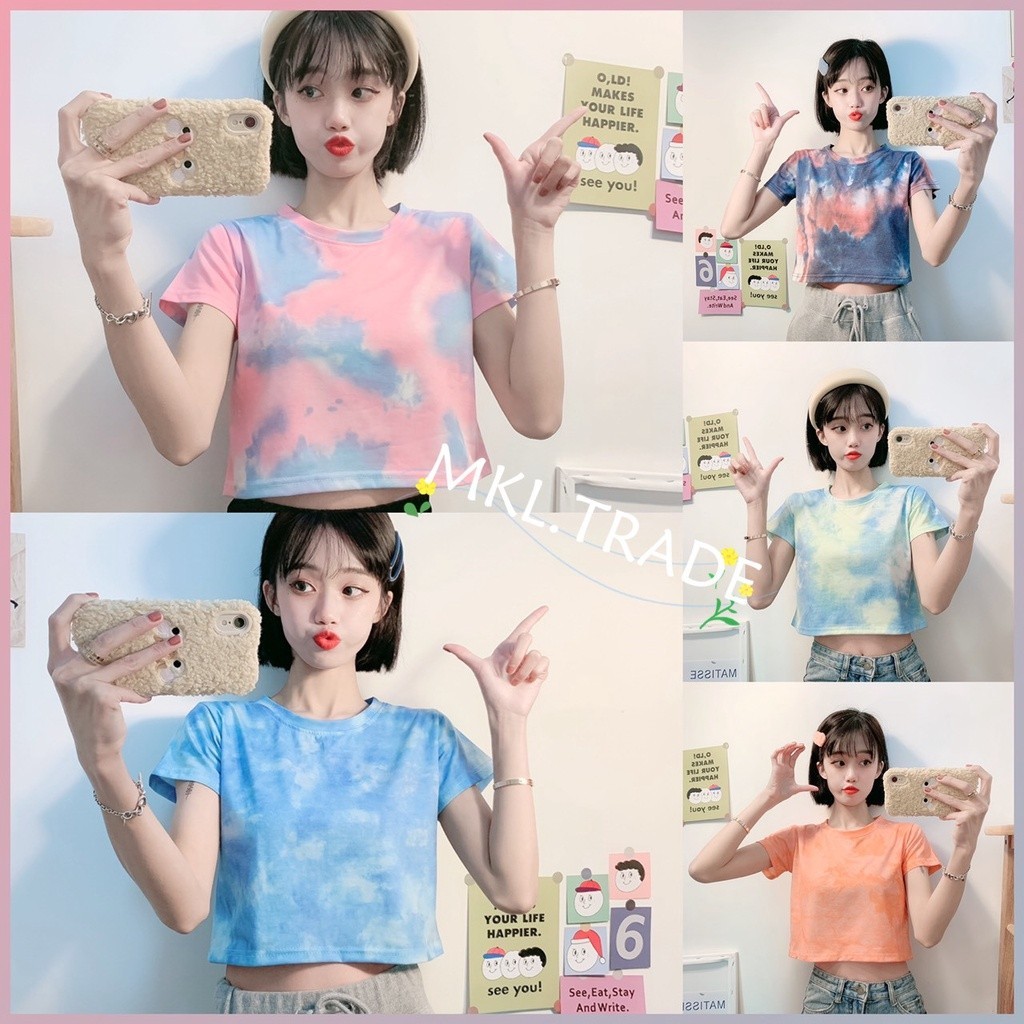 ✨Cynthia เสื้อครอปมัดย้อม คอกลม แขนสั้น ผ้าลื่น เสื้อยืดผู้หญิง เสื้อยืด #9027