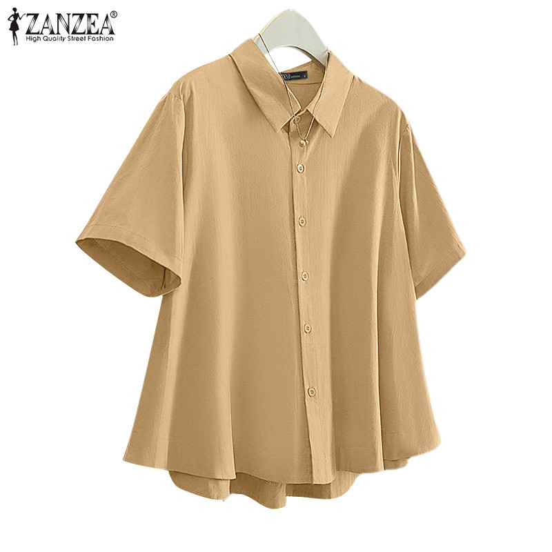 Zanzea เสื้อเชิ้ตแขนสั้นทรงเอลําลองสไตล์เกาหลีสําหรับผู้หญิง