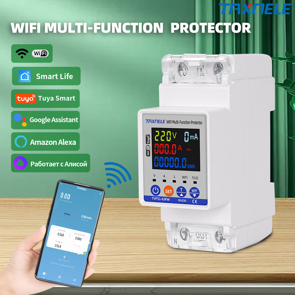 Taxnele 63A WIFI Tuya Energy Meter Kwh Metering แรงดันไฟฟ้า Earth Leakage Protection Smart Life MCB